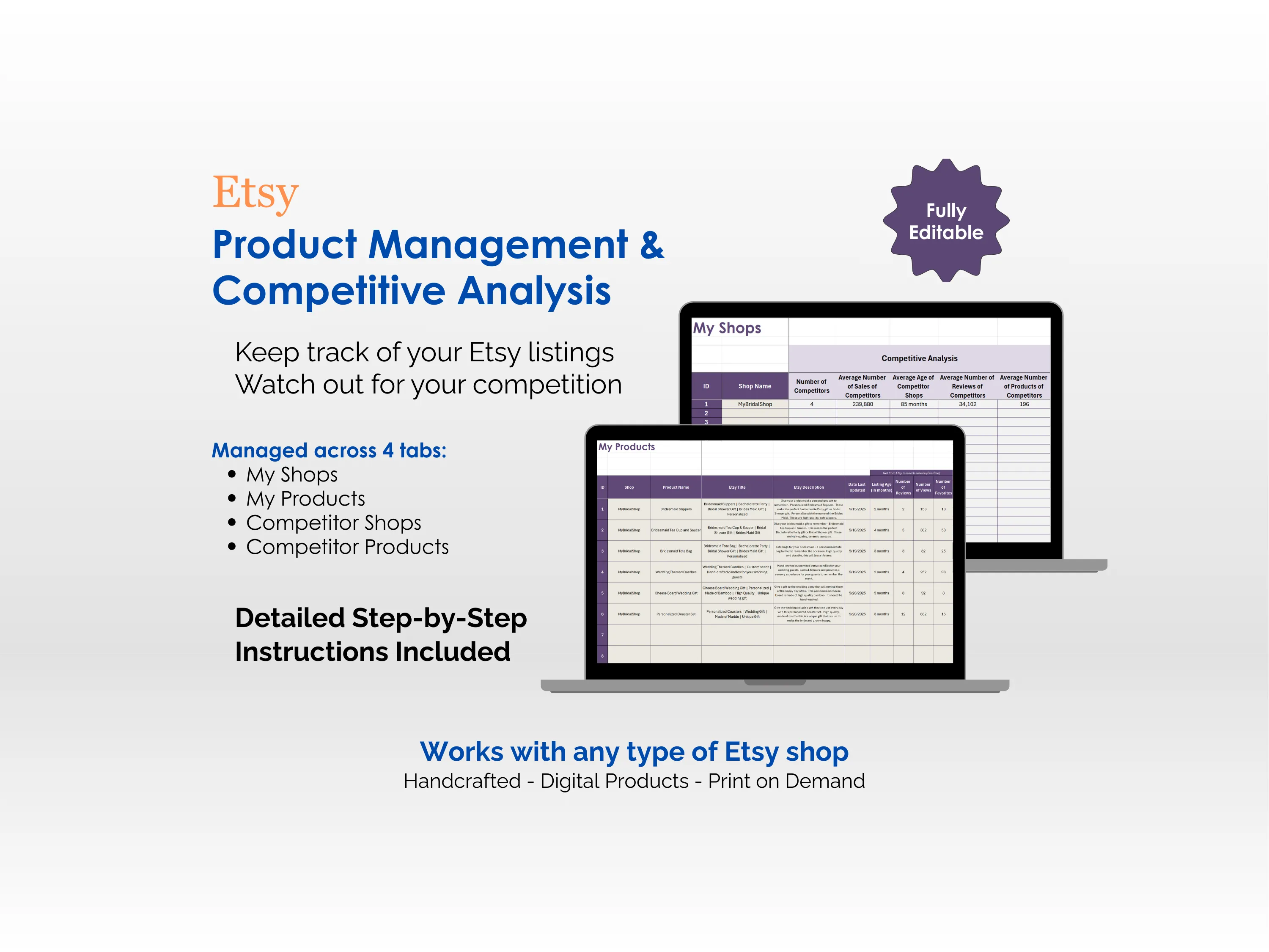 Etsy Seller Toolkit - Excel - Product Management and Competitive Analysis - Keep track of your Etsy Listings, Watch out for your competition, Works with any type of Etsy shop - Handcrafted, Digital Products, Print on Demand