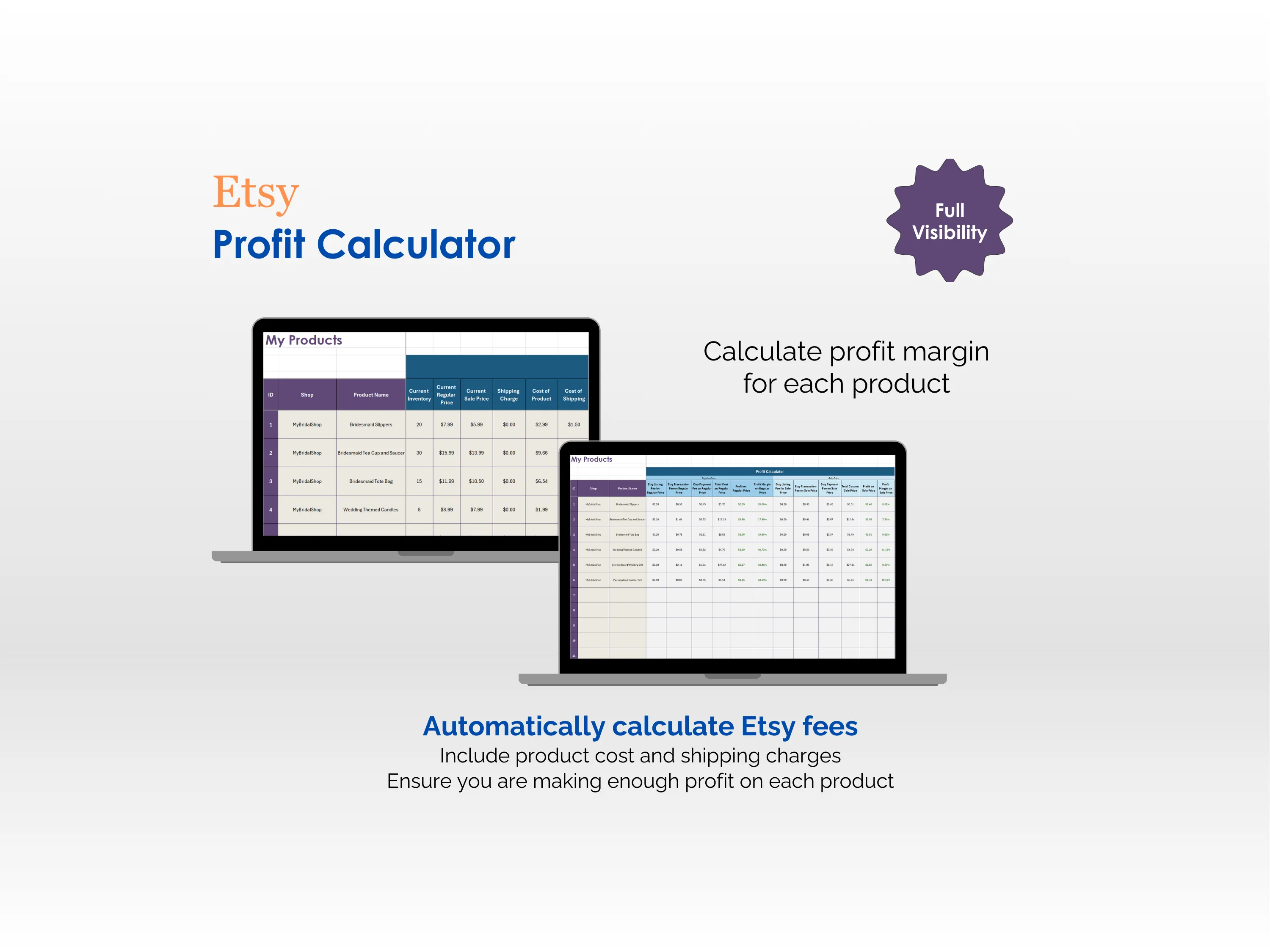 Etsy Seller Toolkit - Excel - Profit Calculator - Calculate profit margin for each product, Automatically calculate Etsy fees