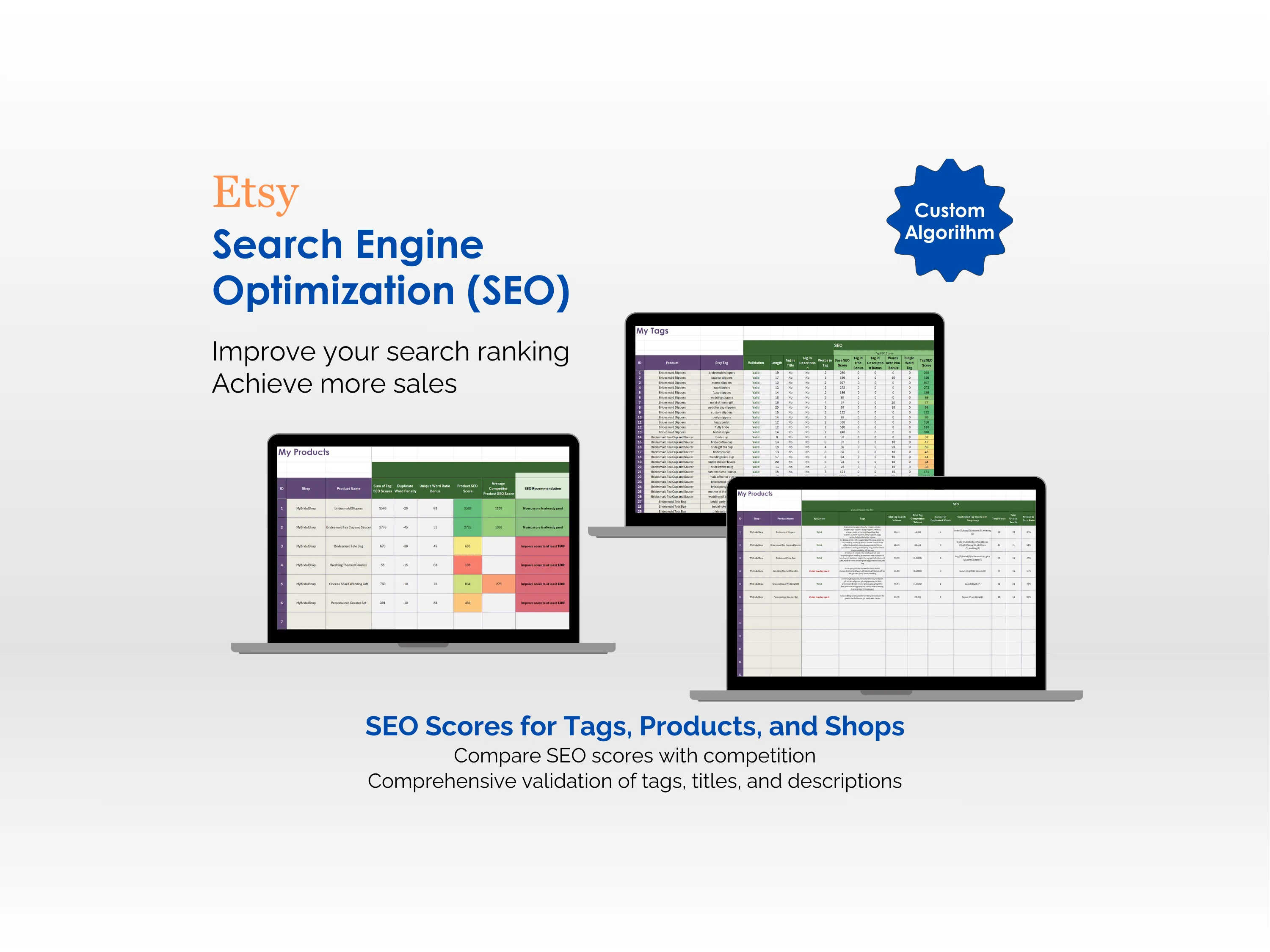 Etsy Seller Toolkit - Excel - Search Engine Optimization (SEO) - Improve your search ranking, Achieve more sales, SEO Scores for Tags, Products, and Shops, Custom Algorithm