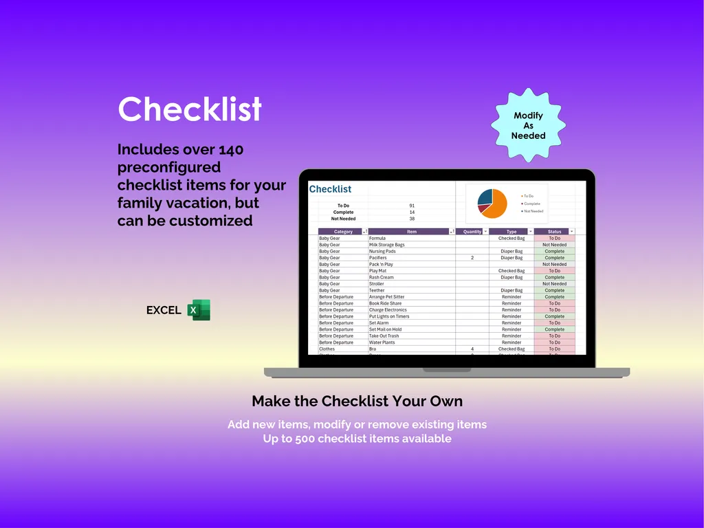 Family Vacation Checklist - Excel - Over 140 Preconfigured Items