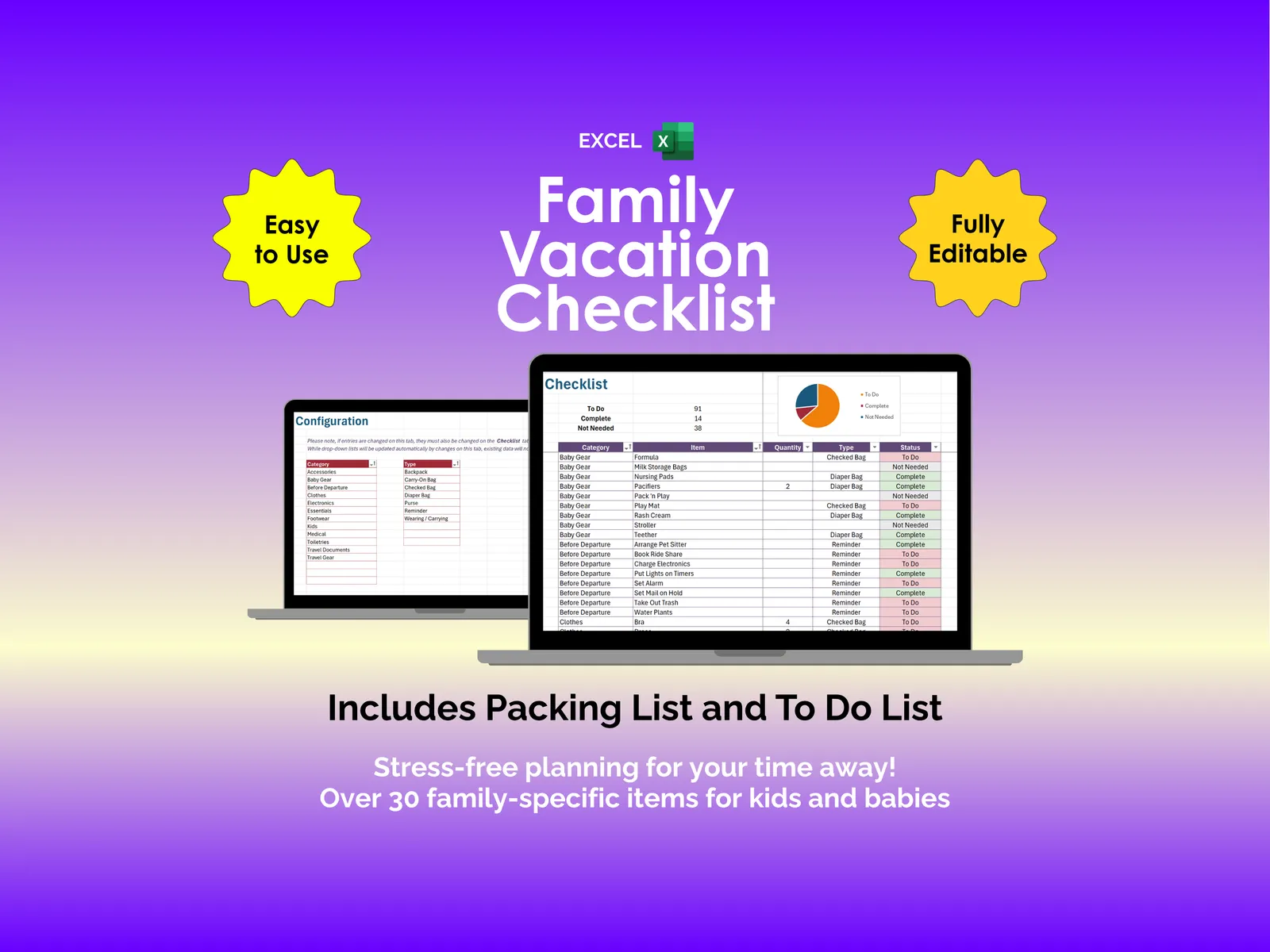 Family Vacation Checklist - Excel - Packing and To Do List