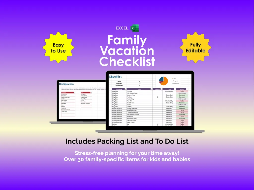Family Vacation Checklist - Excel - Packing and To Do List