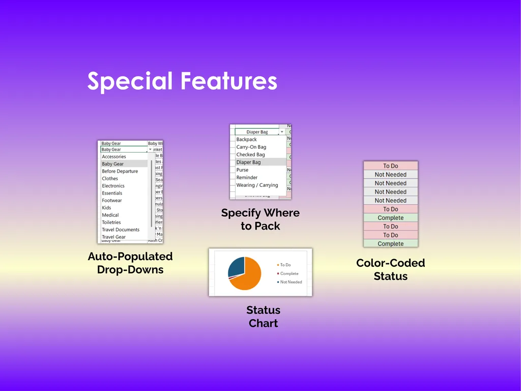 Family Vacation Checklist - Excel - Auto-Populated Drop-Downs, Color Coded Status