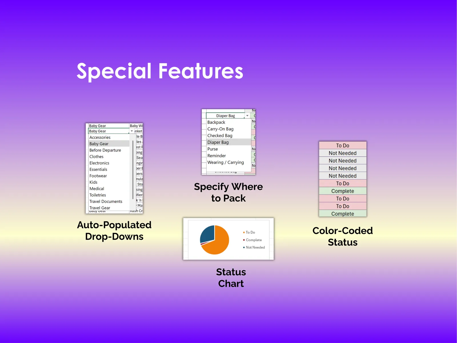 Family Vacation Checklist - Excel - Auto-Populated Drop-Downs, Color Coded Status