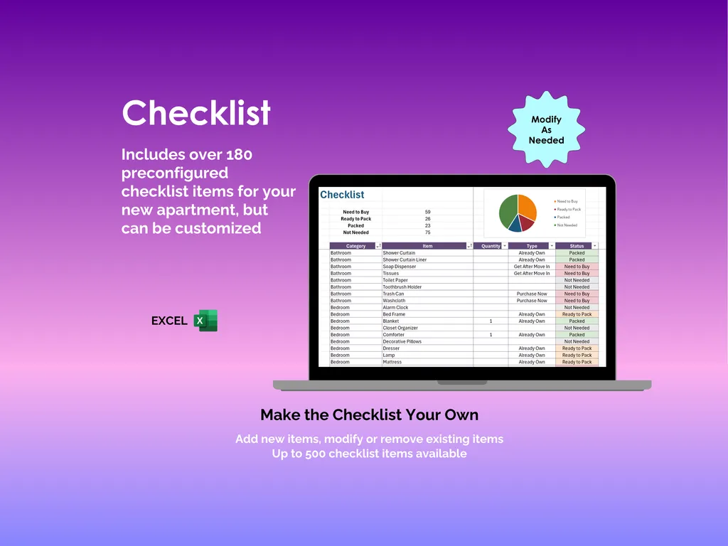 First Apartment Checklist - Excel - Over 200 Preconfigured Items