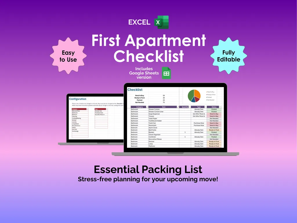 First Apartment Checklist - Excel - Packing List