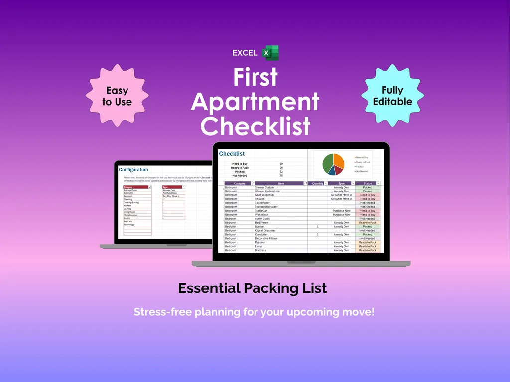 First Apartment Checklist - Excel - Packing List