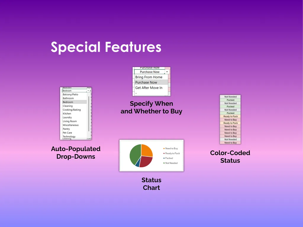 First Apartment Checklist - Excel - Auto-Populated Drop-Downs, Color Coded Status
