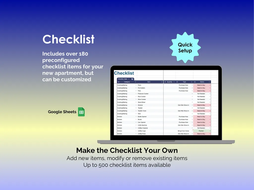 First Apartment Checklist - Sheets - Over 200 Preconfigured Items