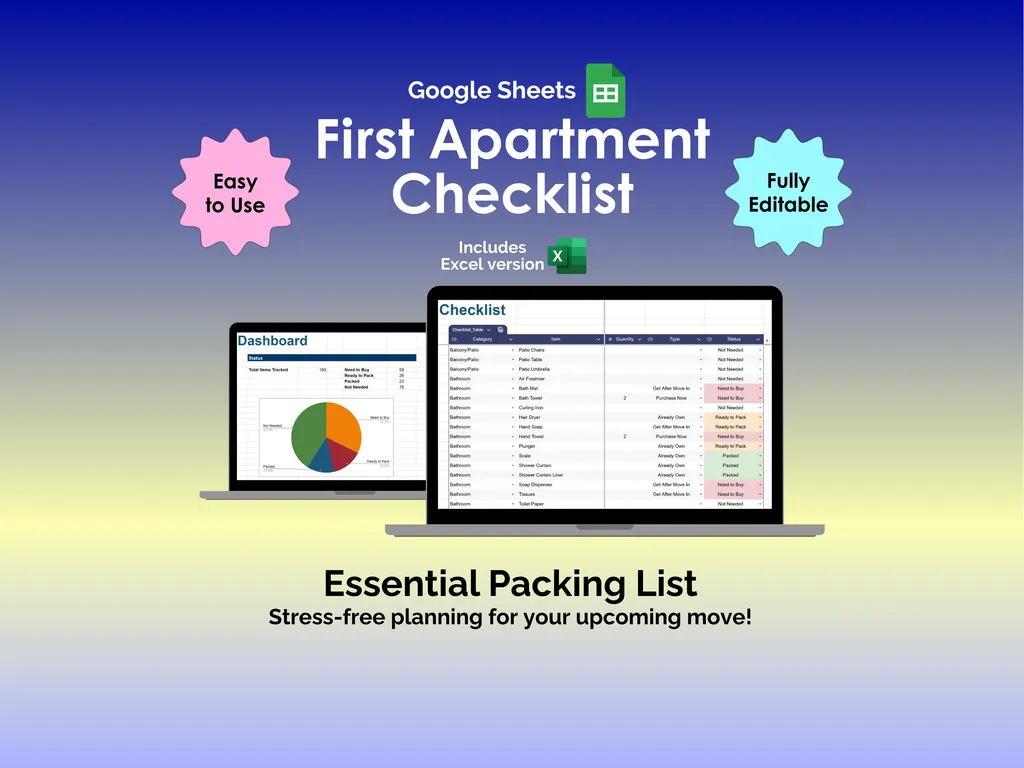 First Apartment Checklist - Sheets - Packing List