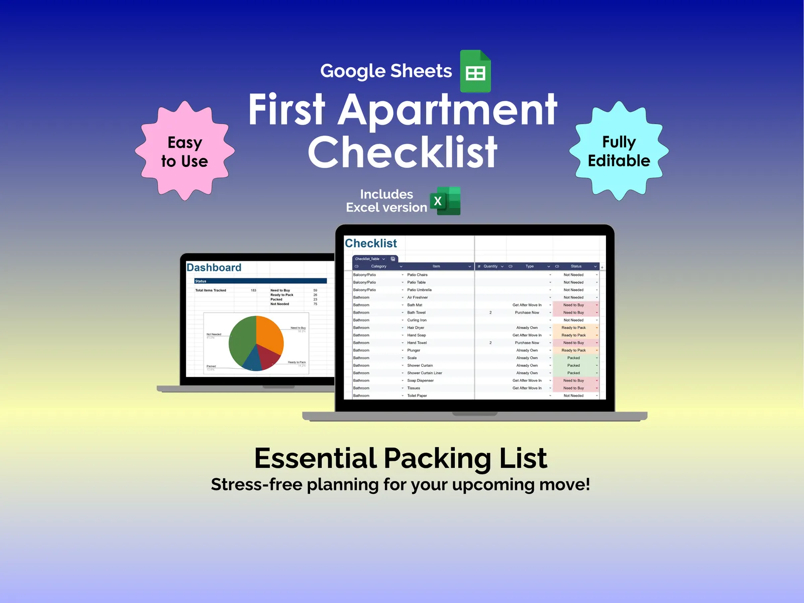 First Apartment Checklist - Sheets - Packing List