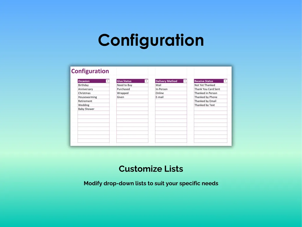 Gift Tracker - Excel - Configuration