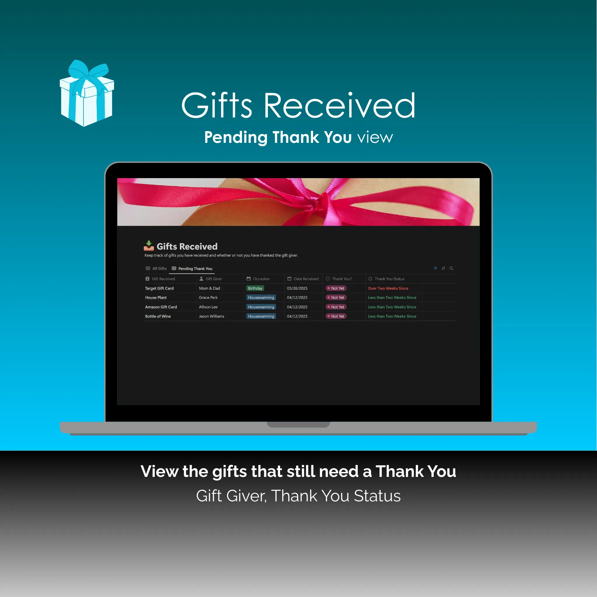 Gift Tracker - Notion - Gifts Received - Pending Thank You
