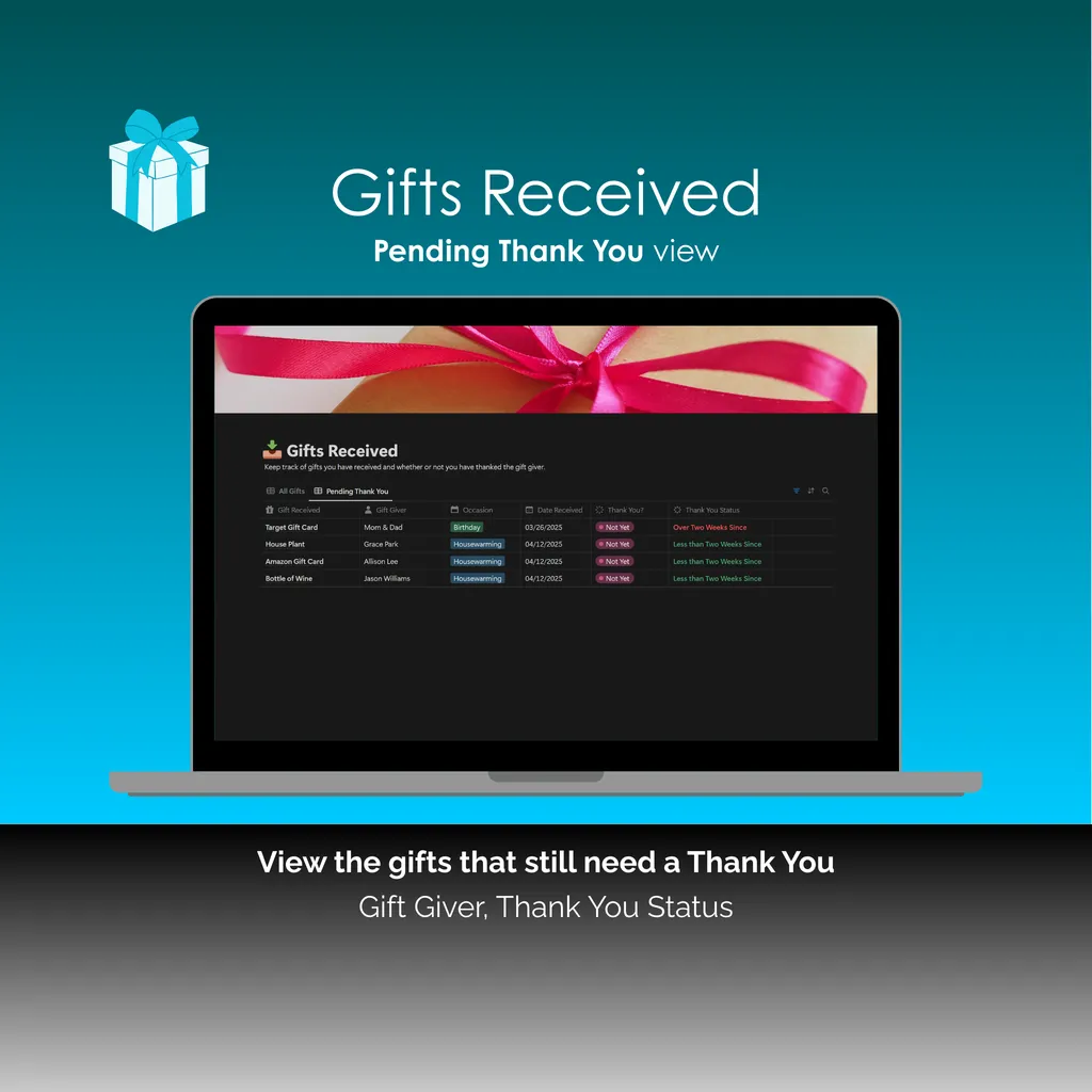 Gift Tracker - Notion - Gifts Received - Pending Thank You