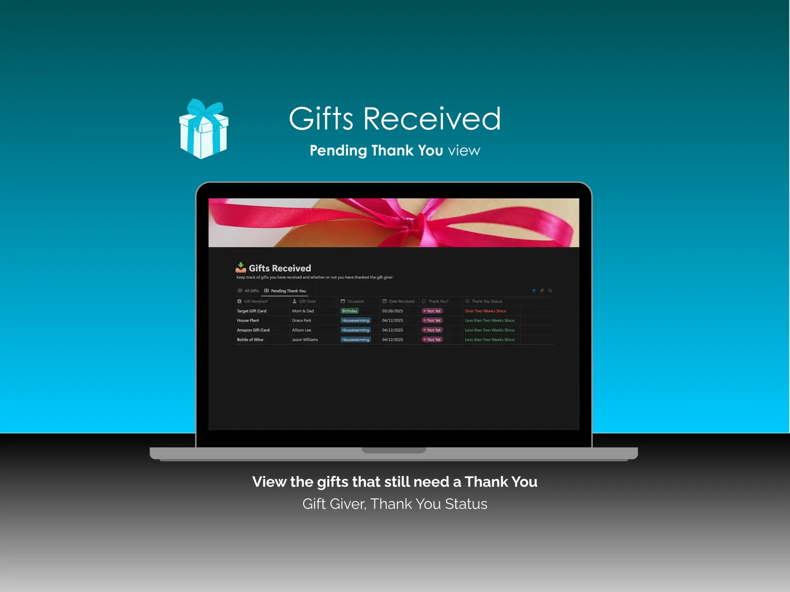 Gift Tracker - Notion - Gifts Received - Pending Thank You