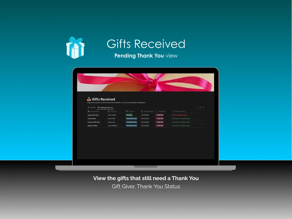 Gift Tracker - Notion - Gifts Received - Pending Thank You