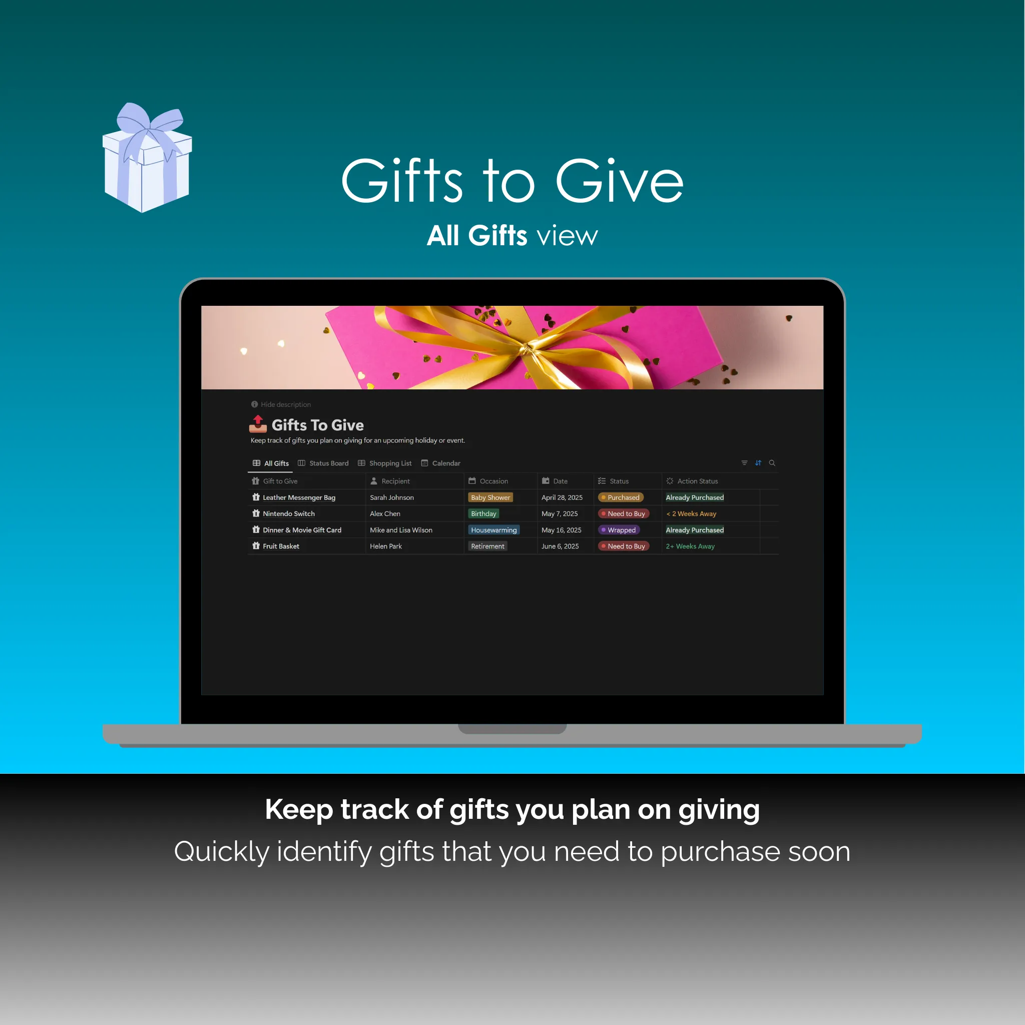 Gift Tracker - Notion - Gifts To Give - All Gifts