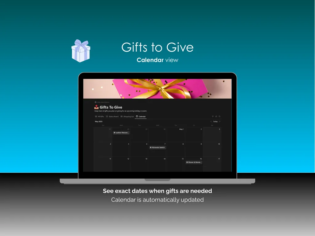 Gift Tracker - Notion - Gifts To Give - Calendar