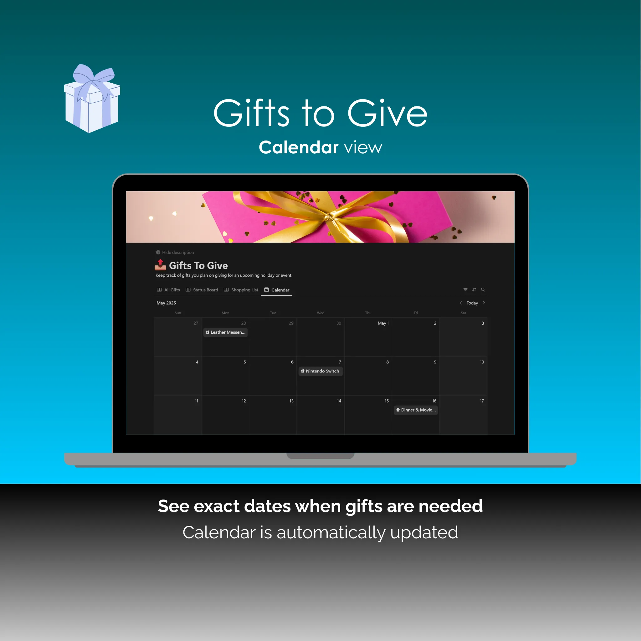 Gift Tracker - Notion - Gifts To Give - Calendar