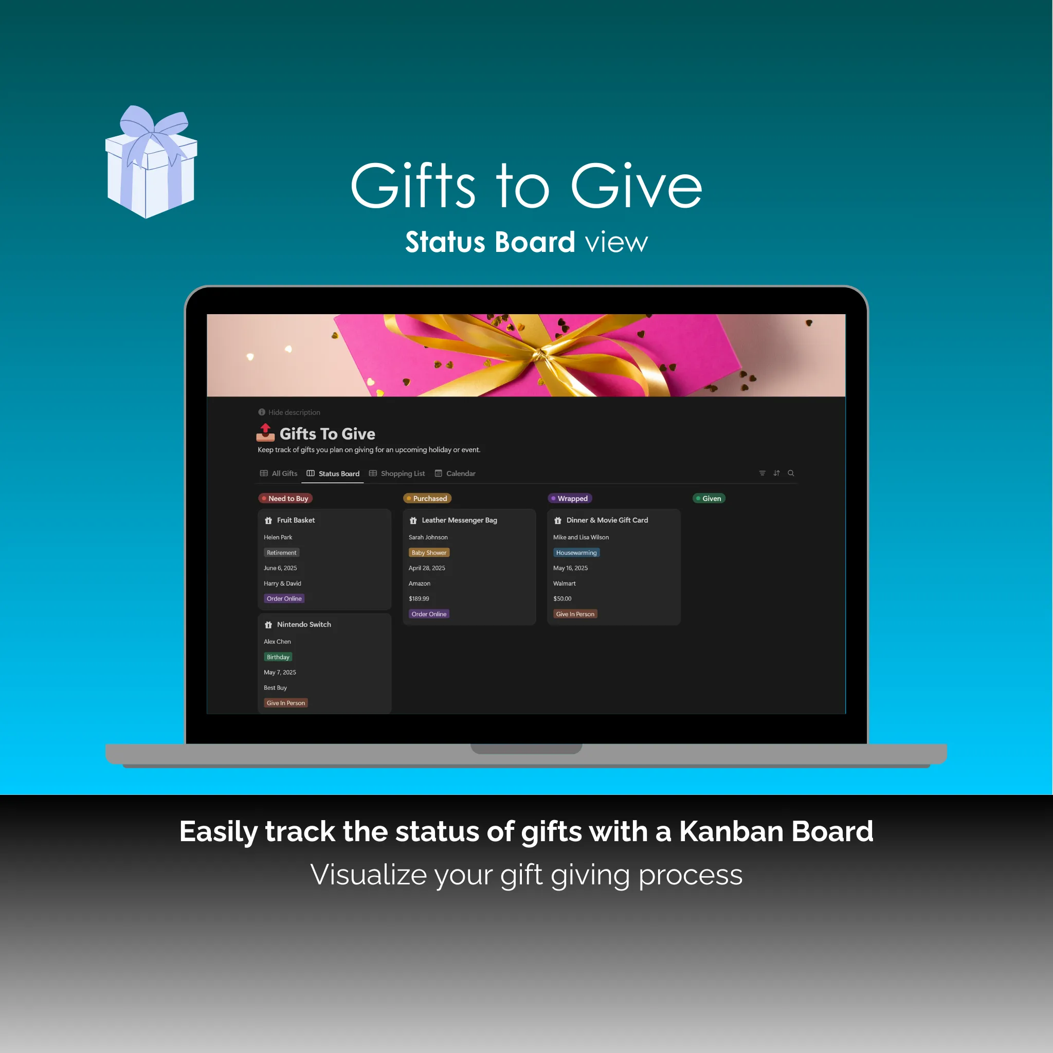 Gift Tracker - Notion - Gifts To Give - Status Board