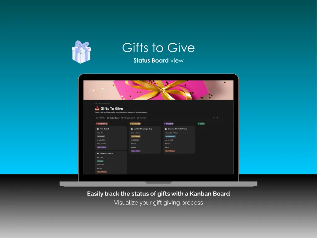 Gift Tracker - Notion - Gifts To Give - Status Board