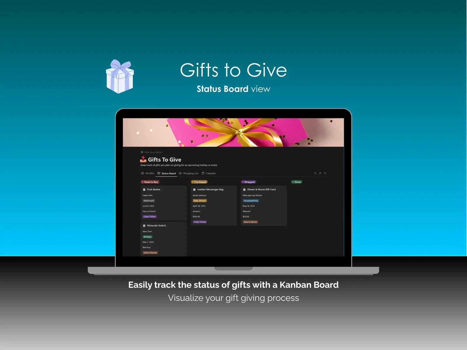 Gift Tracker - Notion - Gifts To Give - Status Board