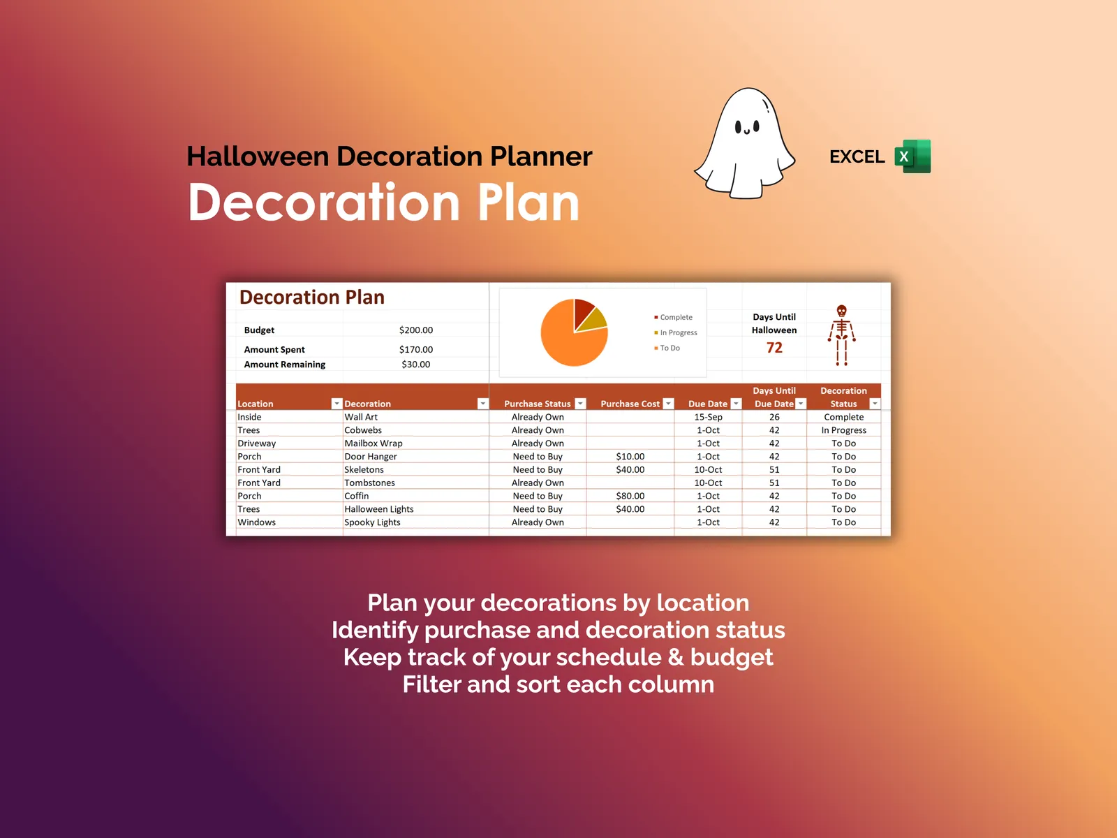 Halloween Decoration Planner - Excel - Decoration Plan