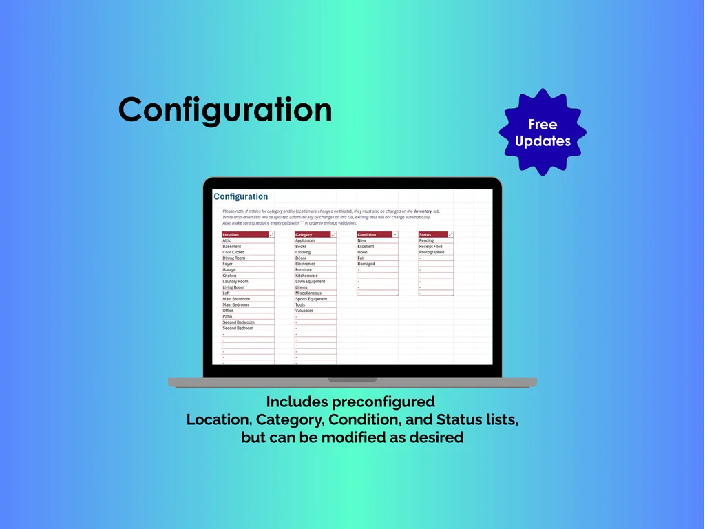 Home Inventory - Excel - Configuration - Customize dropdown lists