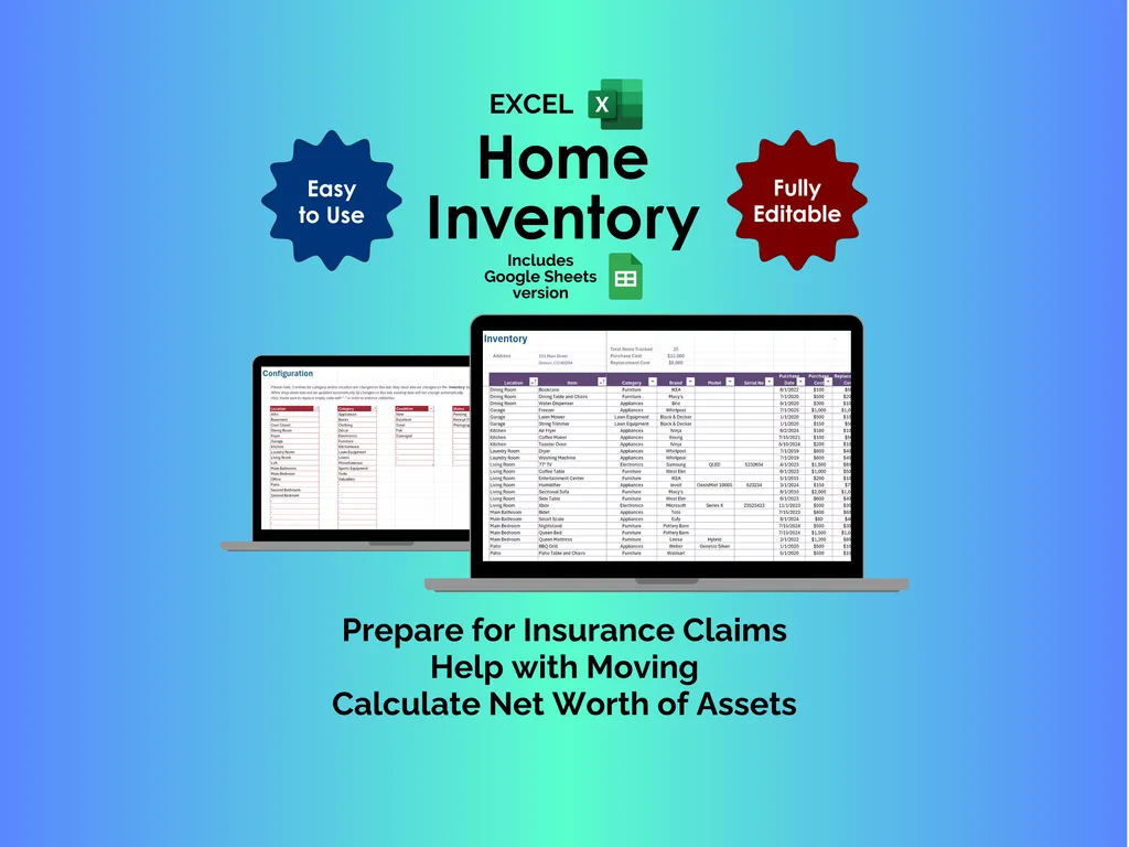 Home Inventory - Excel - Track Household Items