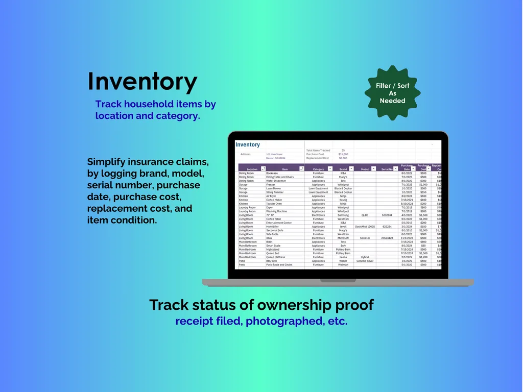 Home Inventory - Excel - Inventory - Track items by location, category