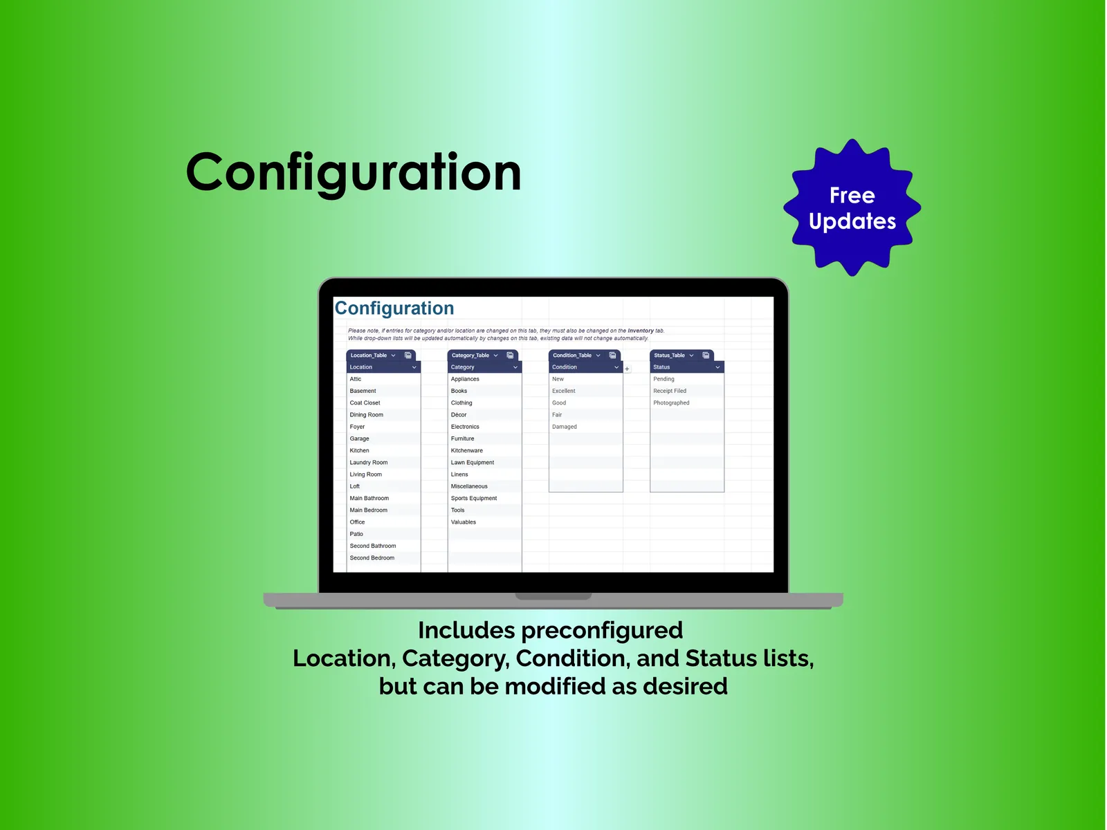 Home Inventory - Sheets - Configuration - Customize dropdown lists