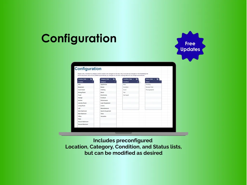 Home Inventory - Sheets - Configuration - Customize dropdown lists