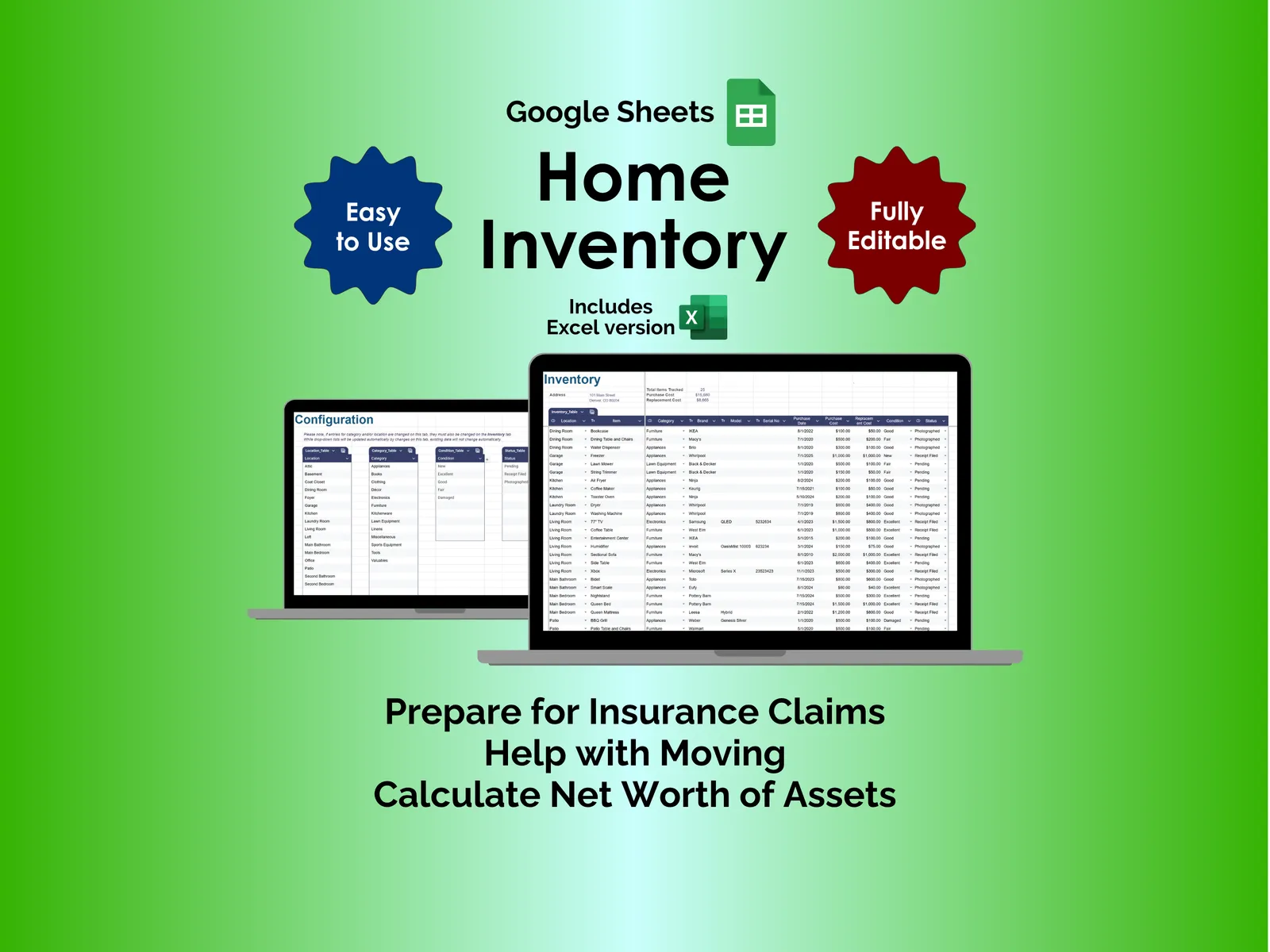 Home Inventory - Sheets - Track Household Items