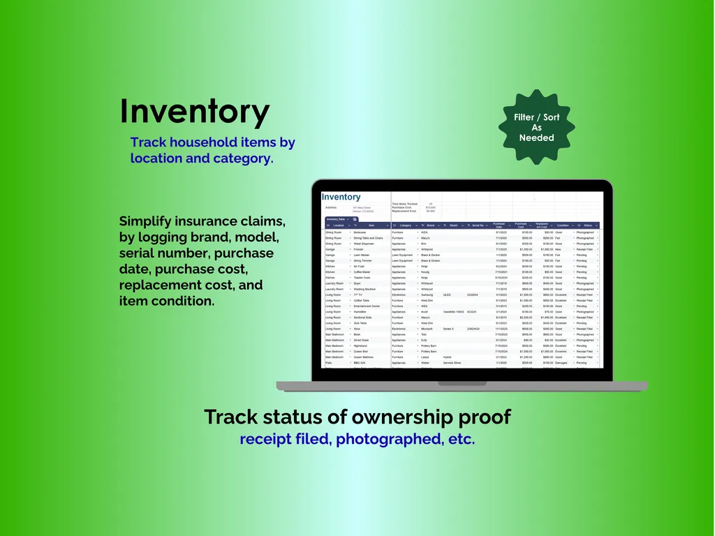 Home Inventory - Sheets - Inventory - Track items by location, category