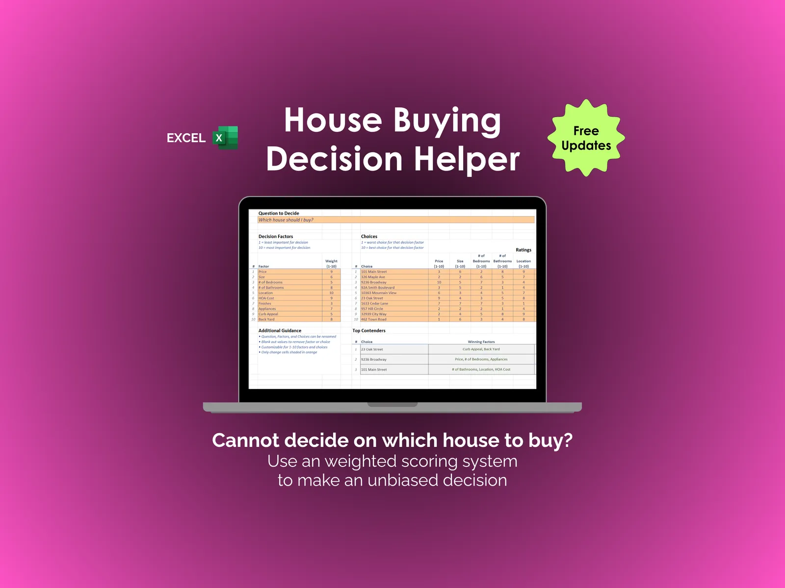 House Buying Decision Helper - Excel - Cannot decide which home to buy?  Use a weighted scoring system to make an unbiased decision
