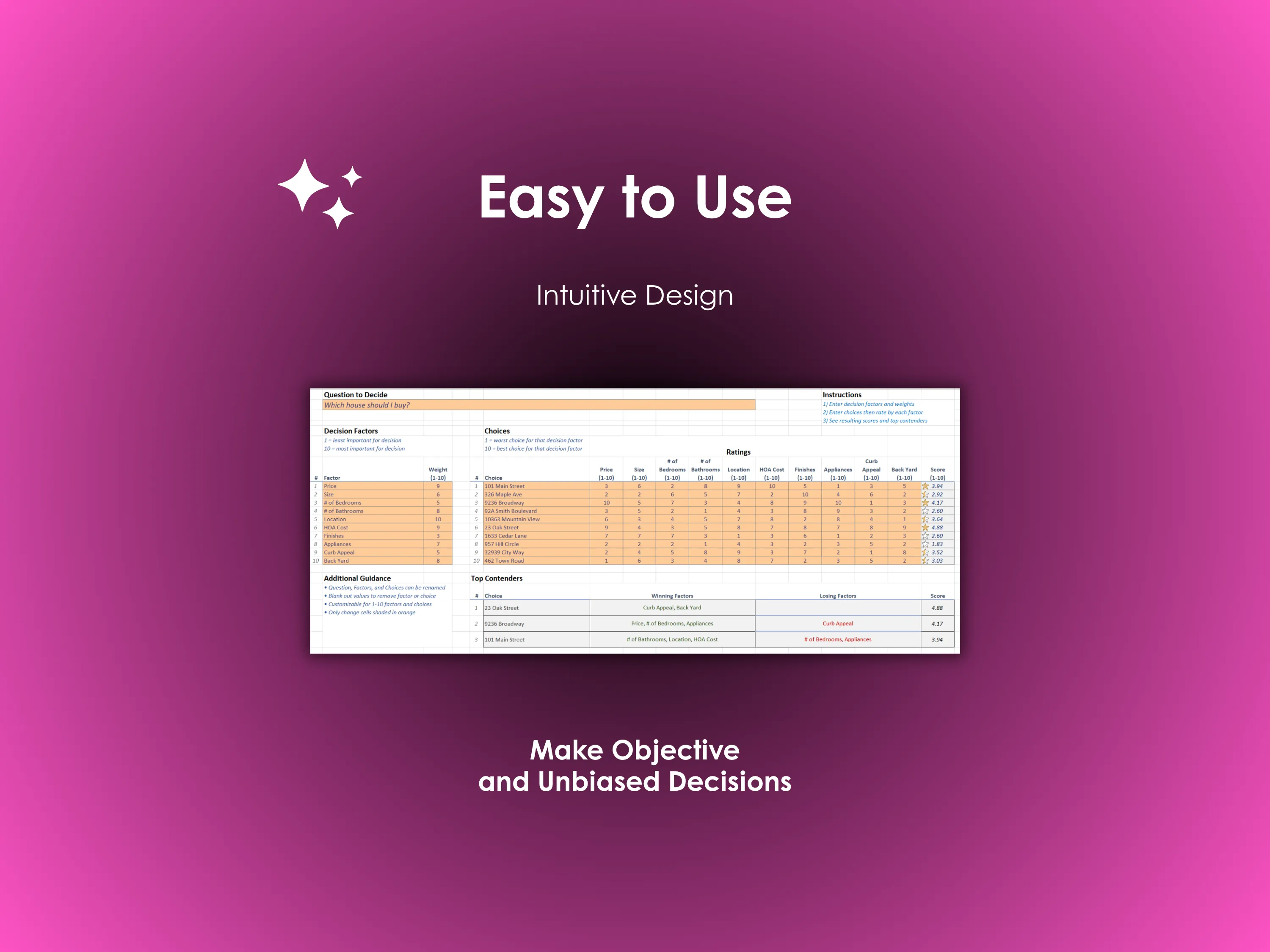 House Buying Decision Helper - Excel - Easy to use, Intuitive design; Make objective and unbiased decisions about your house purchase