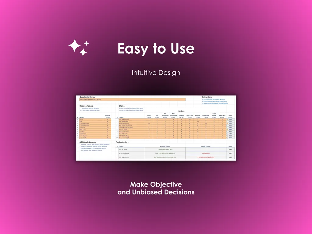 House Buying Decision Helper - Excel - Easy to use, Intuitive design; Make objective and unbiased decisions about your house purchase