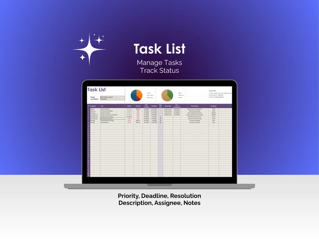 Kanban Board - Excel - Task List