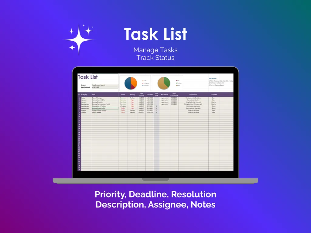 Kanban Board - Excel - Task List