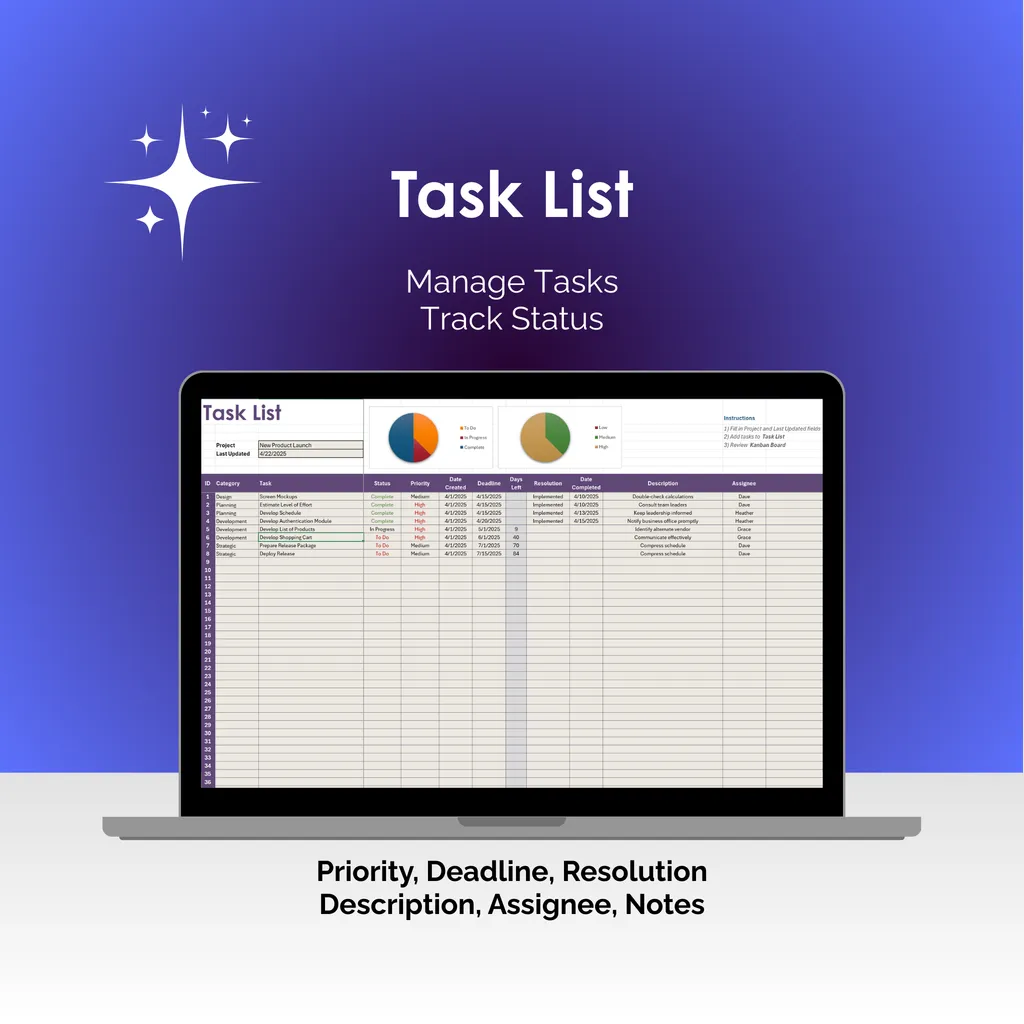 Kanban Board - Excel - Task List
