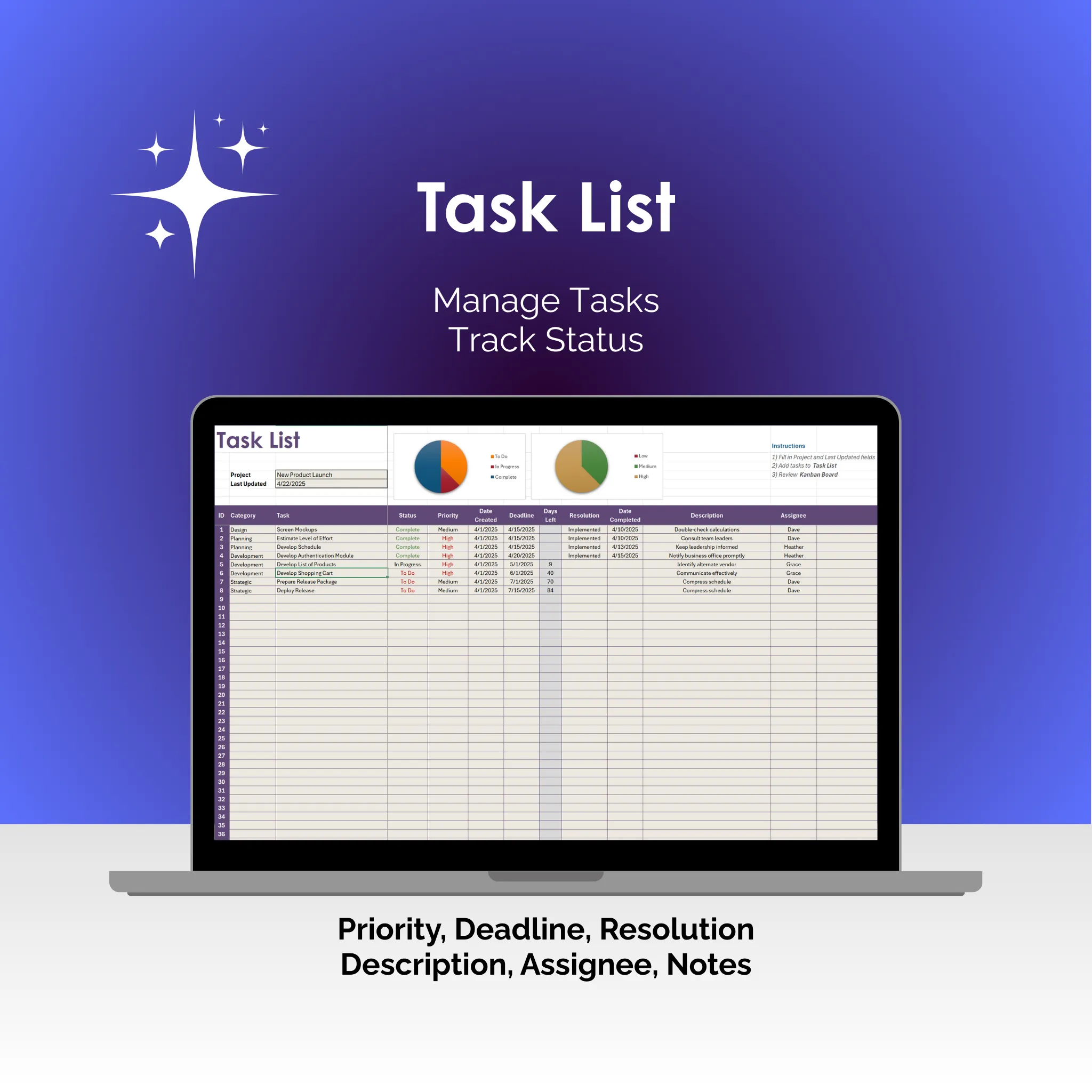 Kanban Board - Excel - Task List