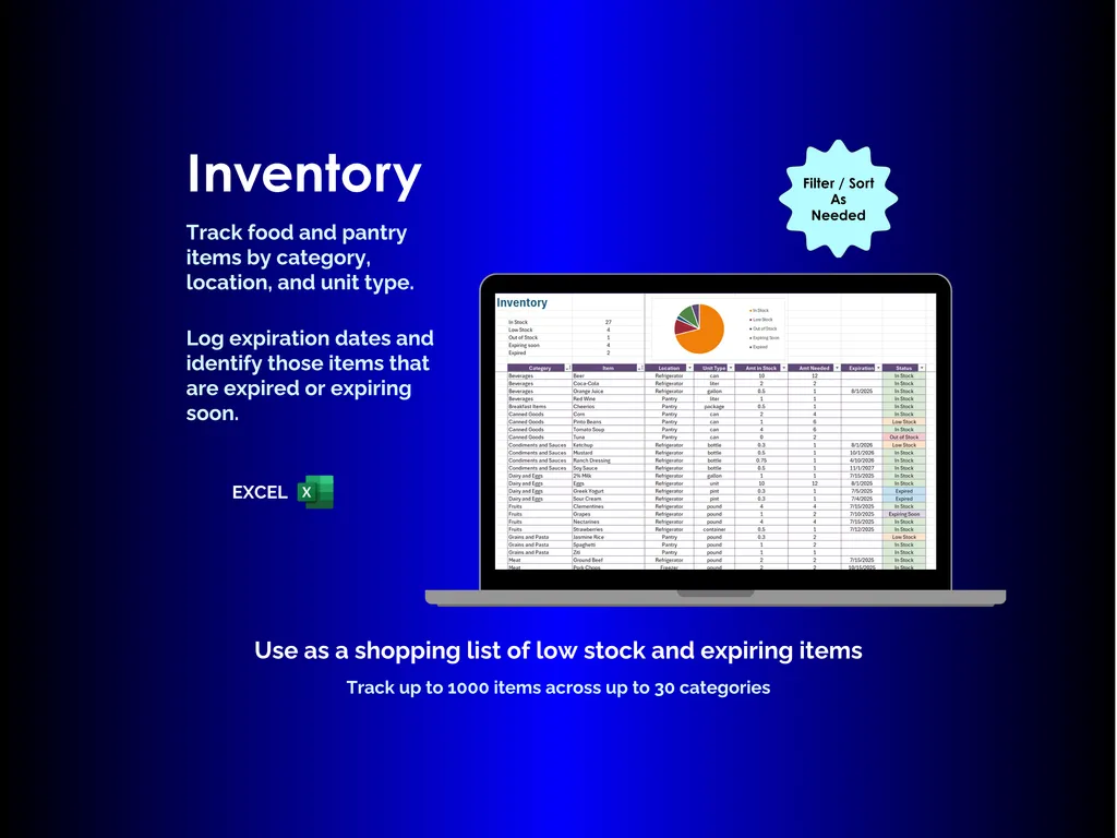 Kitchen Inventory - Excel - Track items by category, location, and unit type