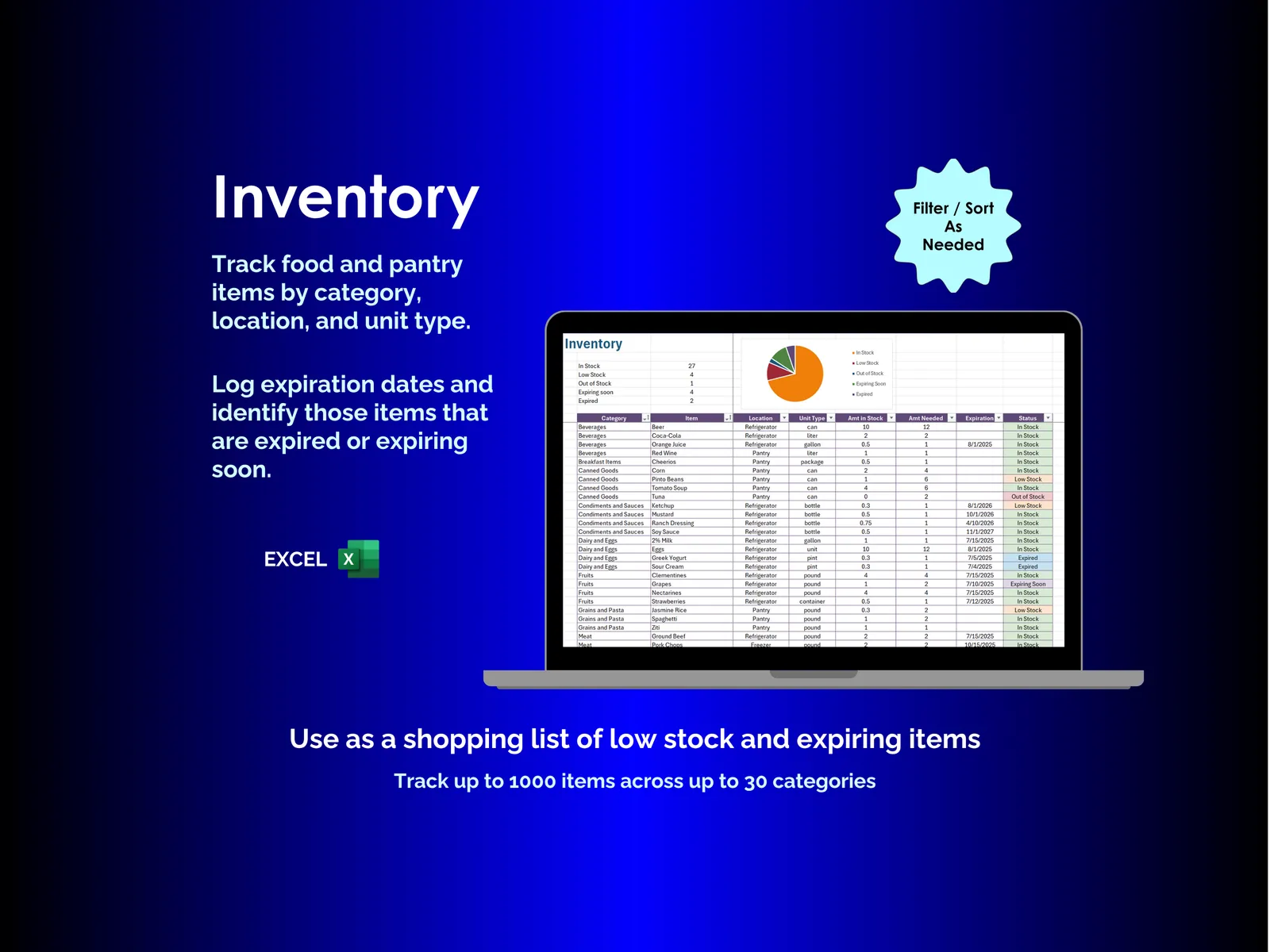 Kitchen Inventory - Excel - Track items by category, location, and unit type