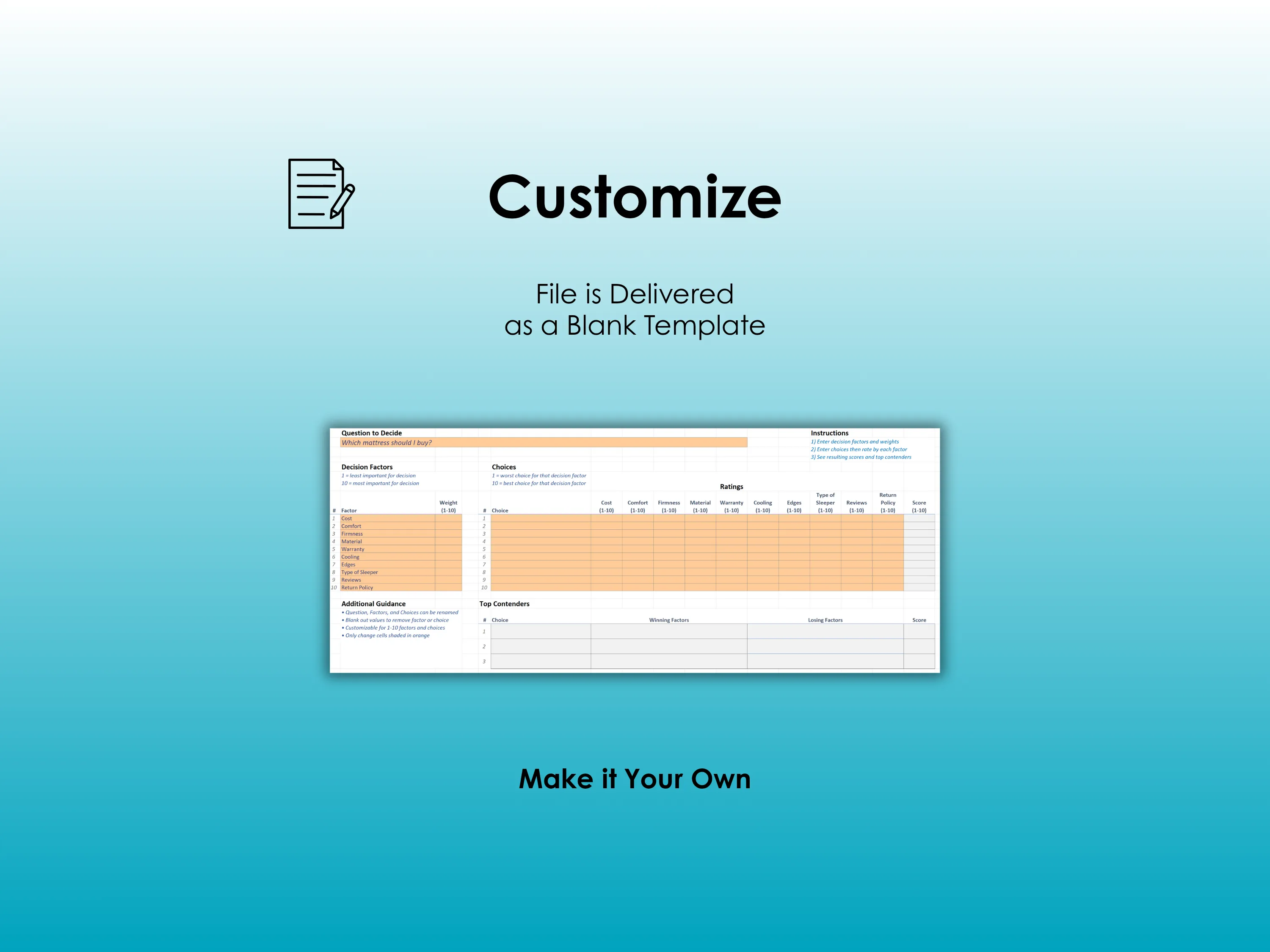 Mattress Buying Decision Helper - Excel - File is delivered as a blank template; Customize with your own decision factors and choices