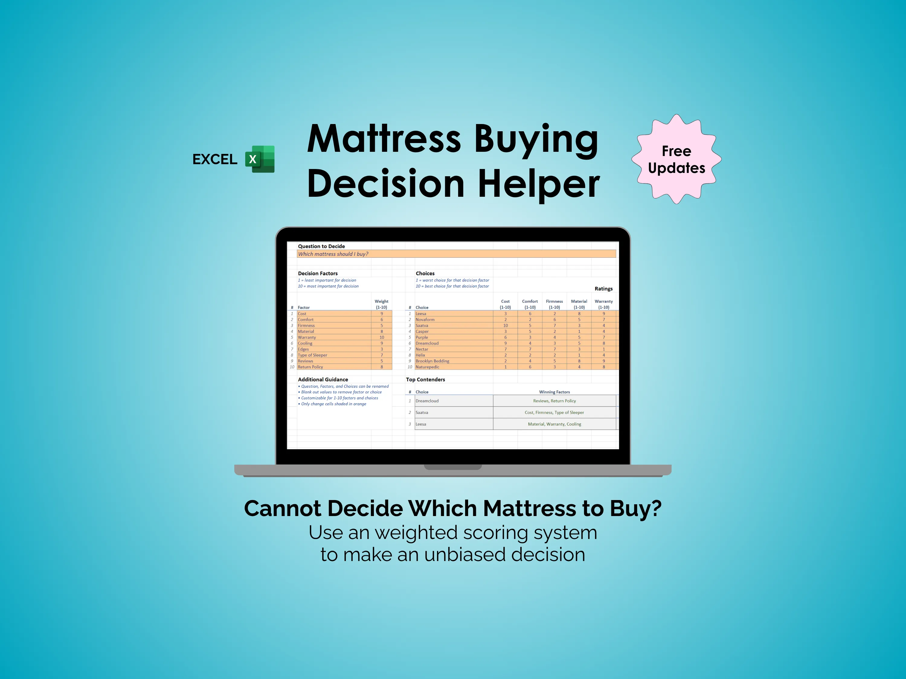 Mattress Buying Decision Helper - Excel - Cannot decide which mattress to buy?  Use a weighted scoring system to make an unbiased decision