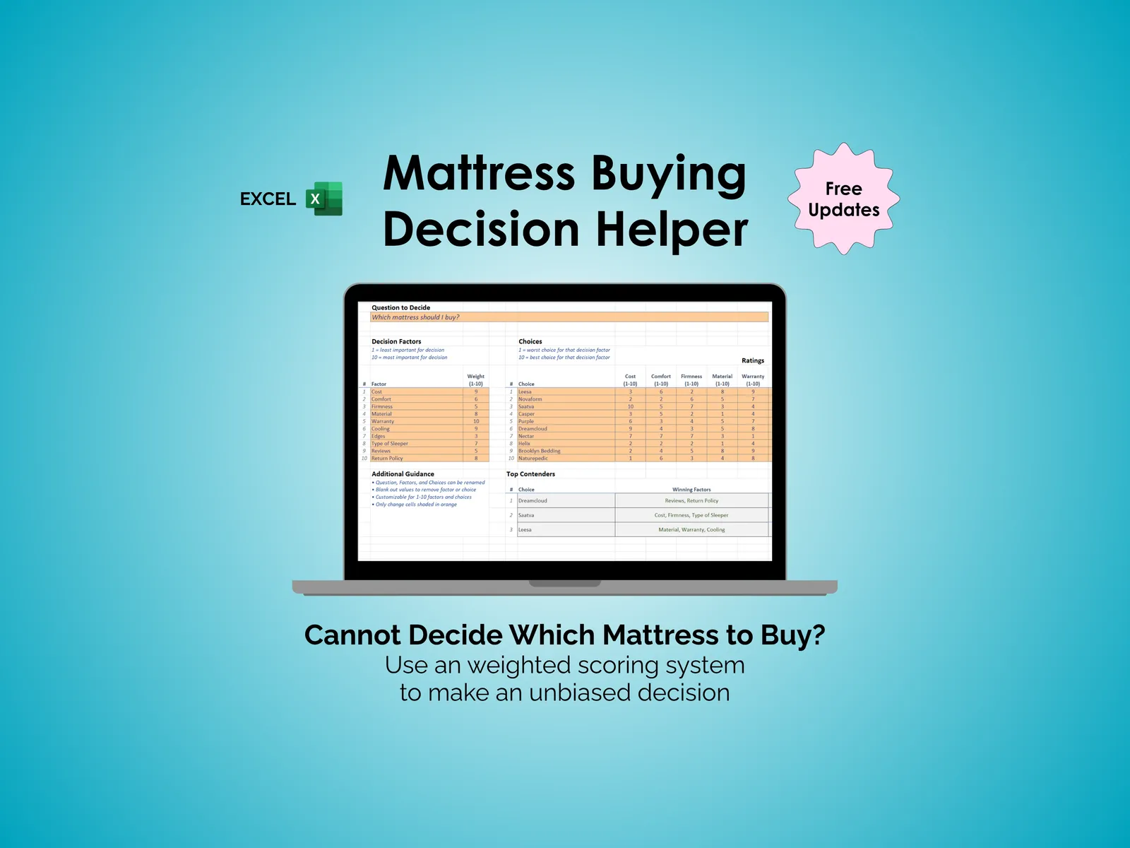 Mattress Buying Decision Helper - Excel - Cannot decide which mattress to buy?  Use a weighted scoring system to make an unbiased decision