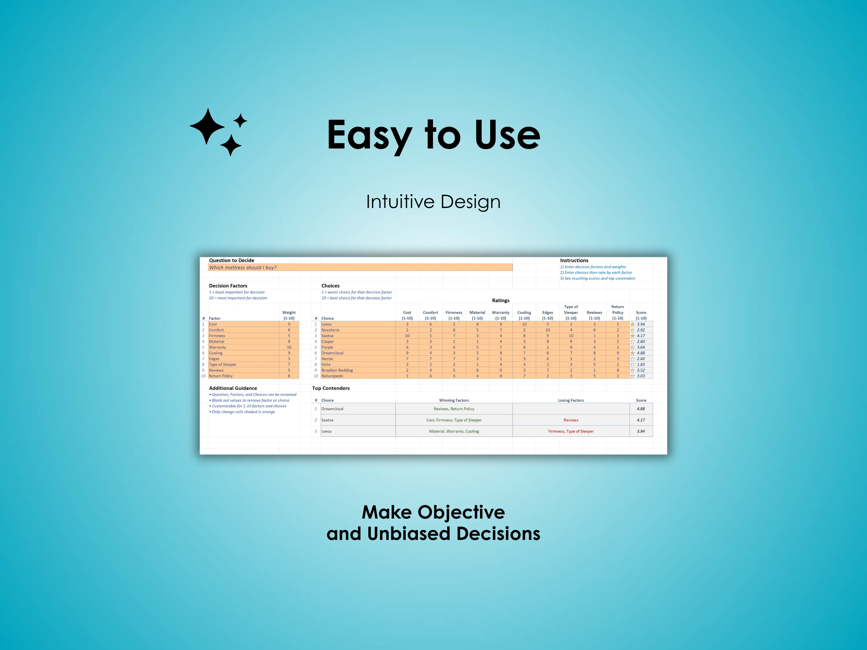 Mattress Buying Decision Helper - Excel - Mattress Decision Helper - Easy to use, Intuitive design; Make objective and unbiased decisions about your mattress choice