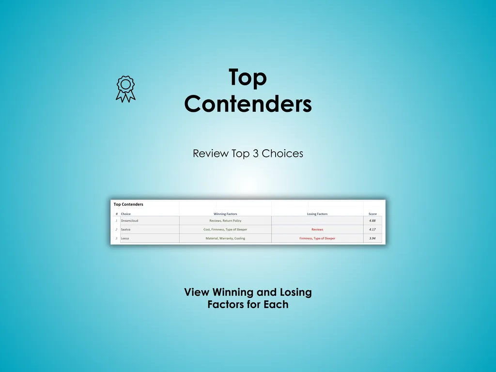 Mattress Buying Decision Helper - Excel - Review top three contenders for a mattress; View winning and losing factors for each