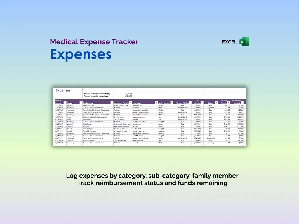 Medical Expense Tracker - Excel - Expenses