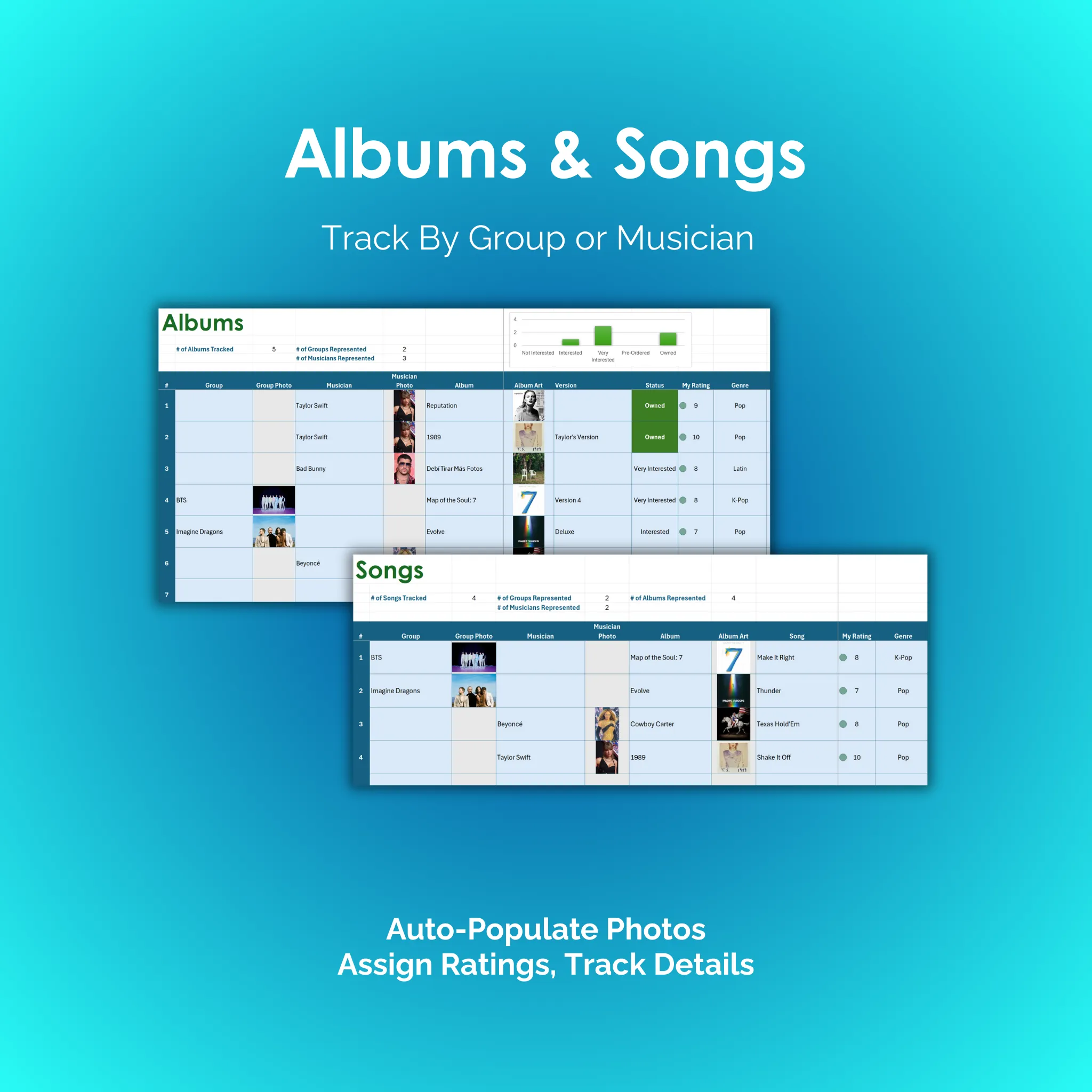 Music Tracker - Excel - Albums and Songs